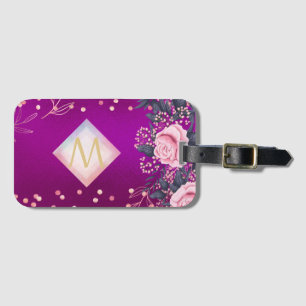 Etiqueta De Bagagem Monograma Magenta Rosegold, Largura Metálica Rosa