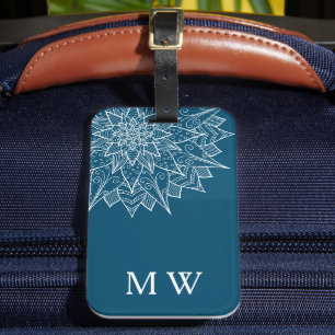 Etiqueta De Bagagem Monograma Mandala Azul Elegante