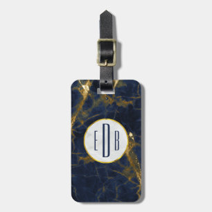 Etiqueta De Bagagem Monograma marinho Na moda Azul e Dourado Marble Mo