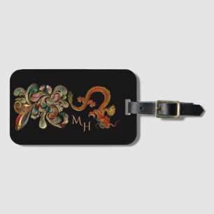 Etiqueta De Bagagem Monograma Metalizado de Arte do Dragão Chinês Or