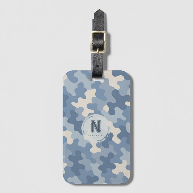 Etiqueta De Bagagem Monograma Militar Azul Camo (Frente Vertical)