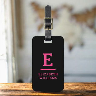 Etiqueta De Bagagem Monograma Mínimo Moderno Preto-Rosa Quente