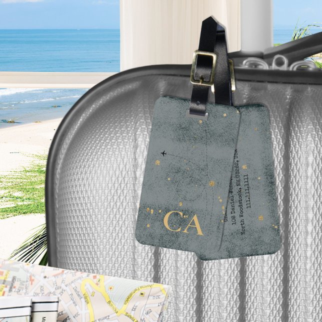 Etiqueta De Bagagem Monograma mínimo russo Avião negro Viagem Dourado (Rustic Minimal Monogram Airplane Black Gold Travel ©Susanne Sachers - Sunny Wanderlust 🌞✈️ )