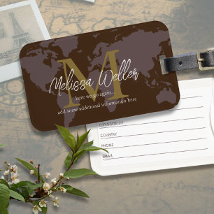Etiqueta De Bagagem Monograma Moderno e Elegante do Mapa do Mundo Cast