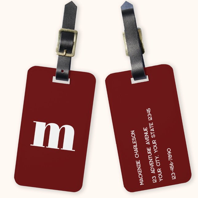 Etiqueta De Bagagem Monograma Moderno Inicial (Modern monogram initial personalized burgundy luggage tag)
