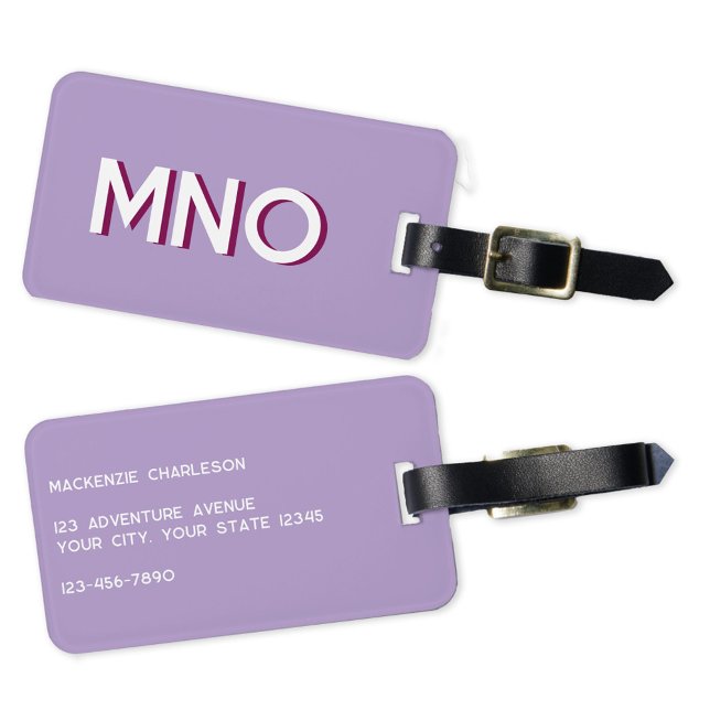 Etiqueta De Bagagem Monograma Moderno Lilac Inicial (Simple monogram initials personalized lilac purple drop shadow typography luggage tag)