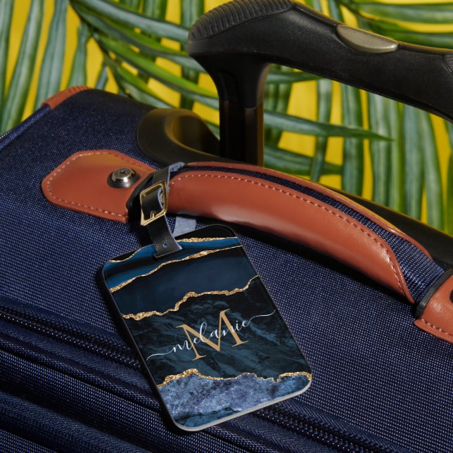 Etiqueta De Bagagem Monograma Nome Agate Marinho Azul Gemstone Marble  (Frente Insitu 1)