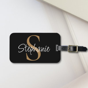 Etiqueta De Bagagem Monograma Nome em Script Elegante Preto Dourado 