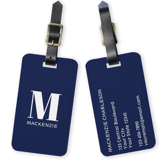 Etiqueta De Bagagem Monograma Nome inicial Marinho simples Azul (Monogram initial custom name modern personalized minimalist luggage tag)
