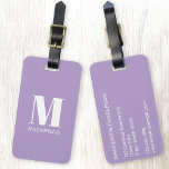 Etiqueta De Bagagem Monograma Nome inicial Pastel simples Lilac<br><div class="desc">Um monograma minimalista de tipografia moderna,  com o nome inicial design em branco,  no púrpura lilás pastel,  que pode ser mudado para personalizar.</div>