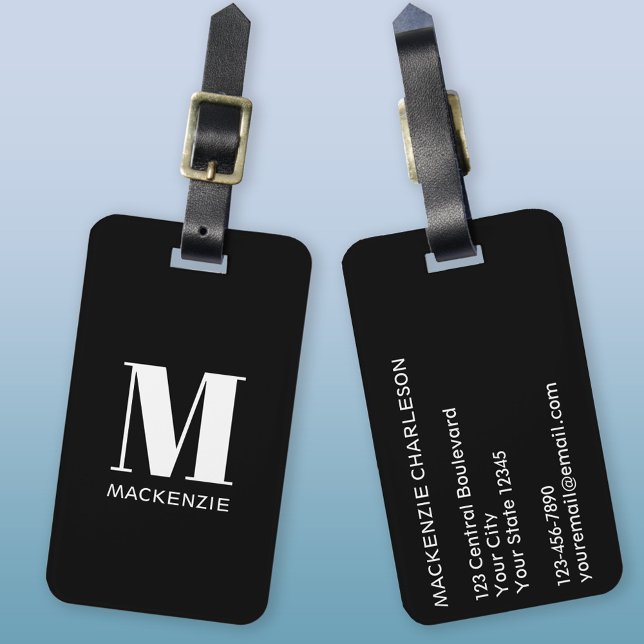 Etiqueta De Bagagem Monograma Nome inicial Simples (Simple monogram name personalized black and white luggage tag)