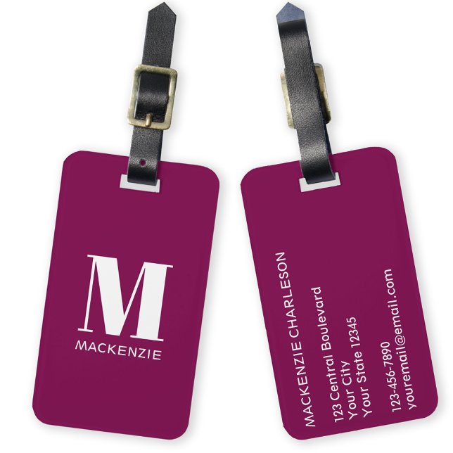 Etiqueta De Bagagem Monograma Nome inicial Simples Borgonha Rosa (Simple monogram initial name personalized minimalist deep jewel burgundy pink luggage tag)
