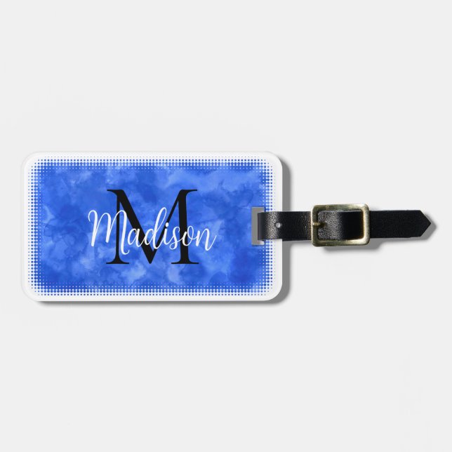 Etiqueta De Bagagem Monograma Nome personalizado inicial Blue Watercol (Frente Horizontal)