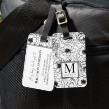 Monograma Nome Preto Branco Floral Elegante