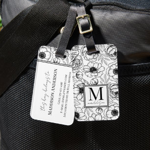 Etiqueta De Bagagem Monograma Nome Preto Branco Floral Elegante
