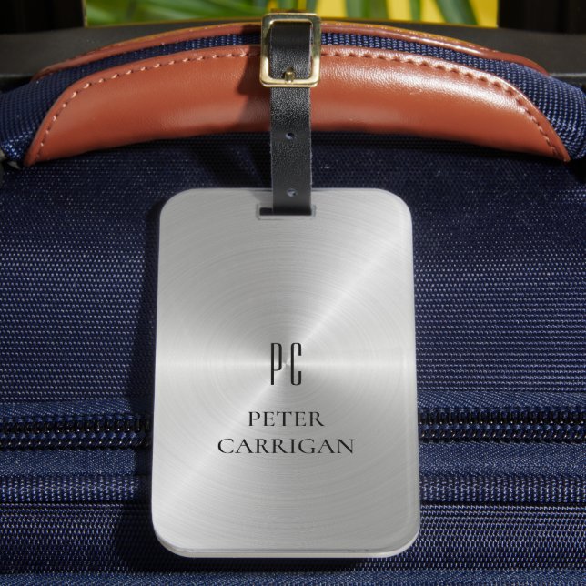 Etiqueta De Bagagem Monograma Novelty Silver Metálico Elegante (Frente Insitu 2)