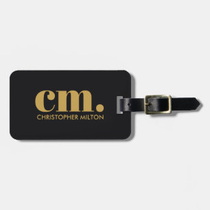 Etiqueta De Bagagem Monograma Ousado Preto Dourado Elegante