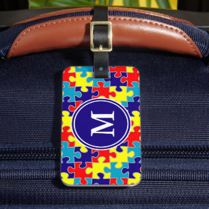 Etiqueta De Bagagem Monograma Padrão de Puzzle Conscientização do Auti
