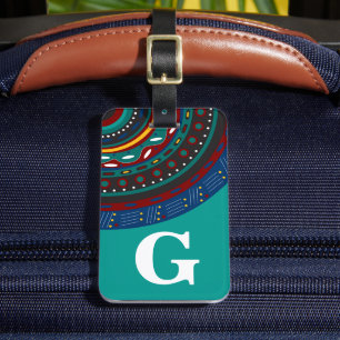 Etiqueta De Bagagem Monograma, Padrão Inspirado Tribal, Teal