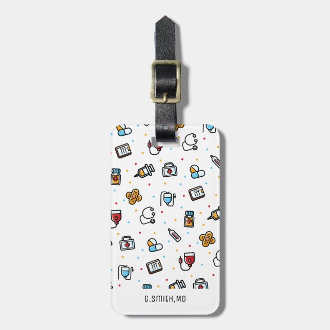 Etiqueta De Bagagem Monograma. Padrão Médico. Para médicos e enfermeir (Frente Vertical)