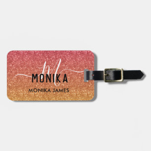 Etiqueta De Bagagem Monograma Peach e Dourado Ombre de Glitter Persona