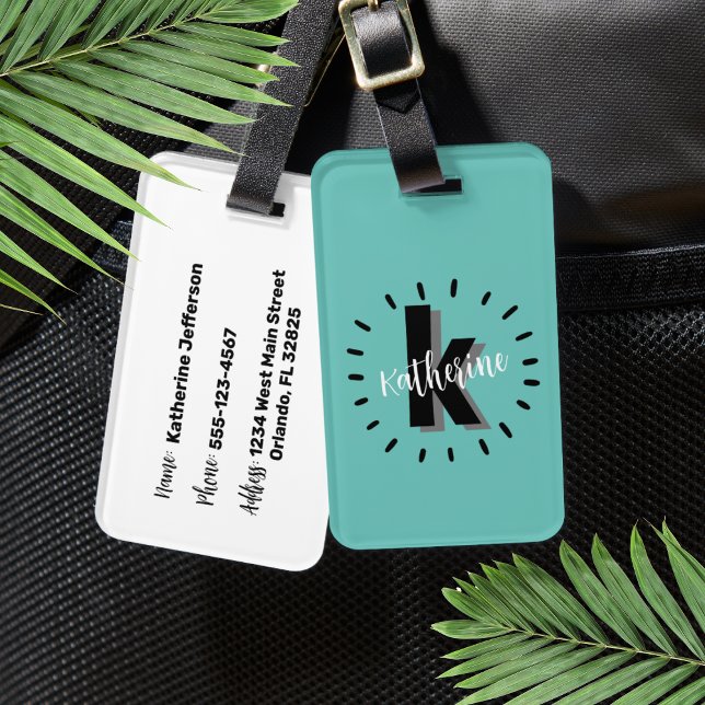Etiqueta De Bagagem Monograma Personalizado Azul Turquesa (Chic Simple Turquoise Initial Monogram Luggage Tag)