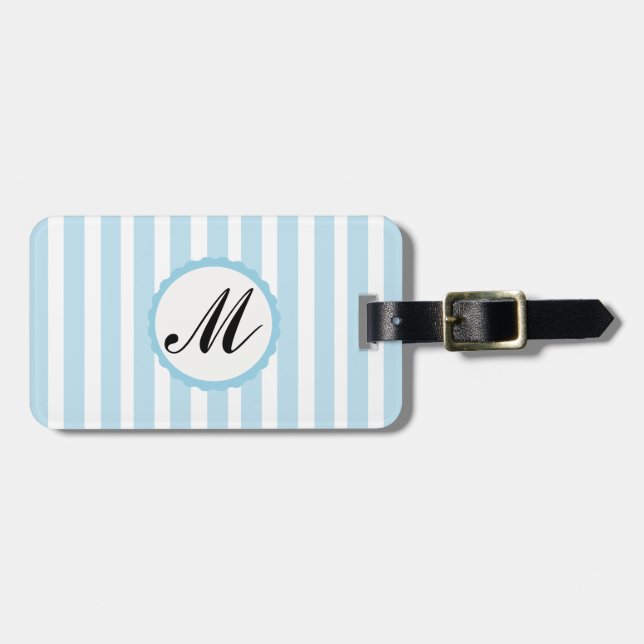 Etiqueta De Bagagem Monograma Personalizado Branco Azul-Stripe-Stripe (Frente Horizontal)
