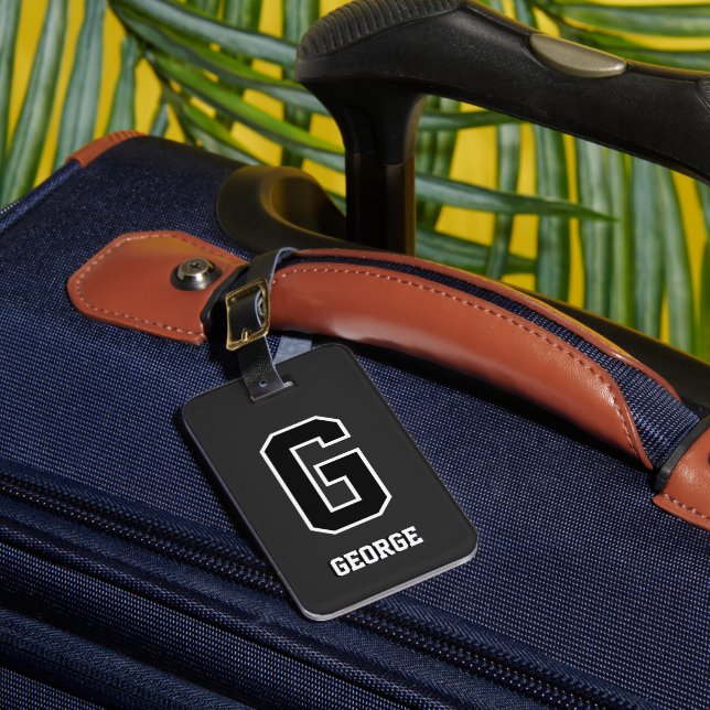 Etiqueta De Bagagem Monograma Personalizado Branco Preto Personalizado (Frente Insitu 1)