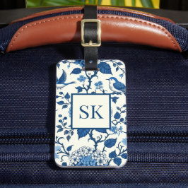 Etiqueta De Bagagem Monograma Personalizado Chinoiserie Azul e Branco