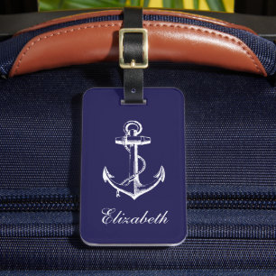 Etiqueta De Bagagem Monograma Personalizado de Âncora de Vintagem Azul