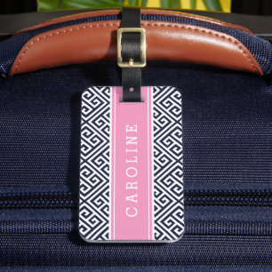 Etiqueta De Bagagem Monograma Personalizado de Chave Grego - marinho e