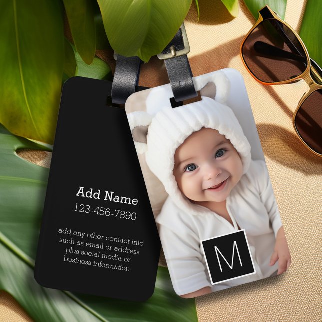 Etiqueta De Bagagem Monograma Personalizado de Colagem de Fotos Preto  (Personalized luggage tag with 1 photo and contact information)