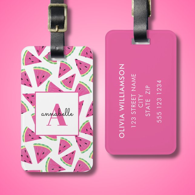 Etiqueta De Bagagem Monograma Personalizado de Melancia Tropical (Watermelon pattern personalized luggage tag.)