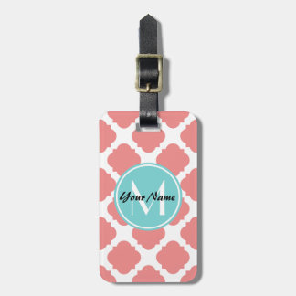 Etiqueta De Bagagem Monograma Personalizado de Mint Quatrefoil Coral |