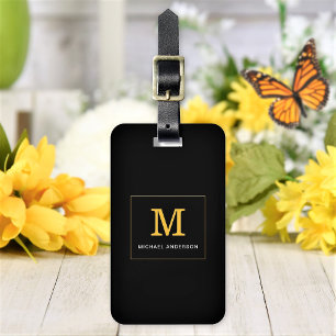 Etiqueta De Bagagem Monograma Personalizado de Ouro Preto Elegante