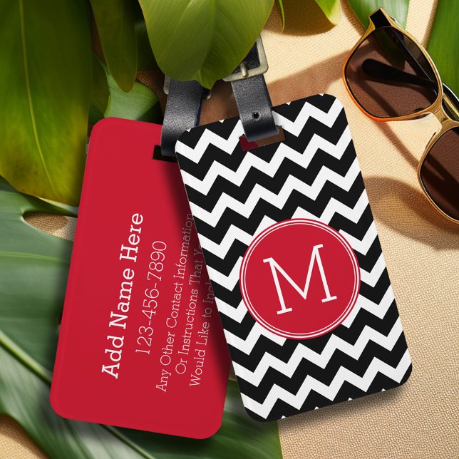 Etiqueta De Bagagem Monograma Personalizado de Padrão de Chevron Verme (Personalized luggage tag - Add Your contact information and monogram)