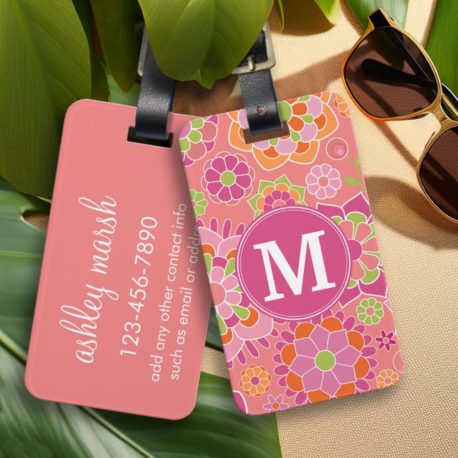 Etiqueta De Bagagem Monograma Personalizado de Padrão Floral Primavera (Personalized Luggage and Bag Tag)