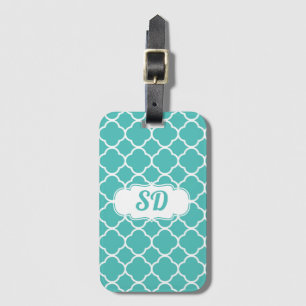 Etiqueta De Bagagem Monograma Personalizado de Quatrefoil Turquoise
