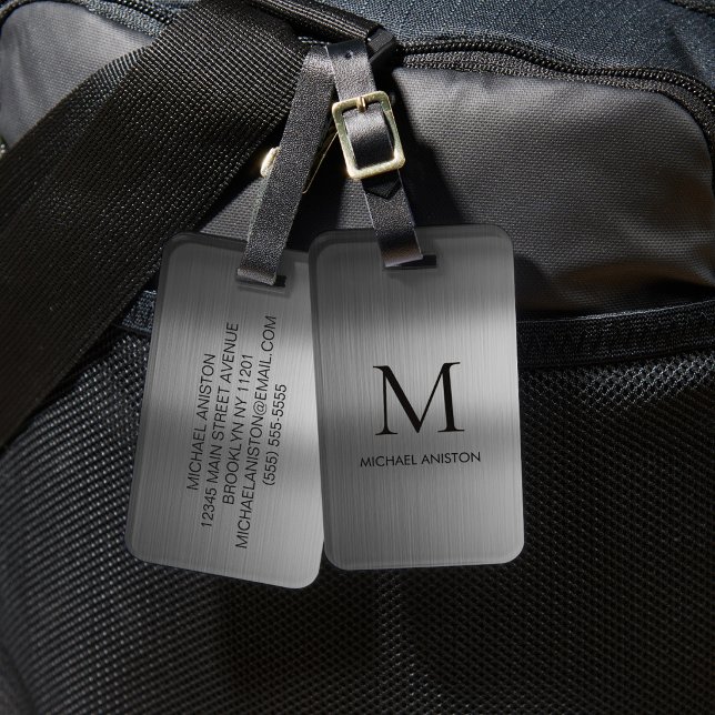 Etiqueta De Bagagem Monograma Personalizado Metálico Preto Escovado ch (Criador carregado)