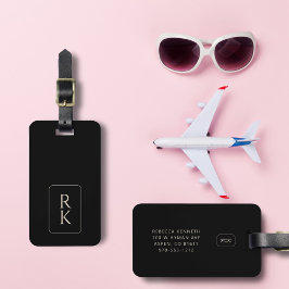 Etiqueta De Bagagem Monograma personalizado minimalista, preto e branc