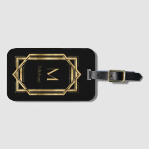 Etiqueta De Bagagem Monograma Personalizado Preto e Dourado Geométr