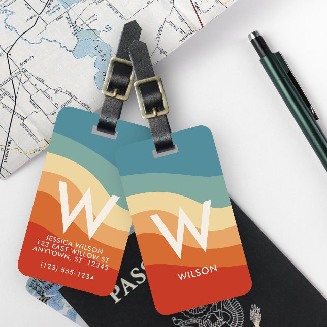 Etiqueta De Bagagem Monograma Pessoal com Faixa Retroativa Wavy (Criador carregado)