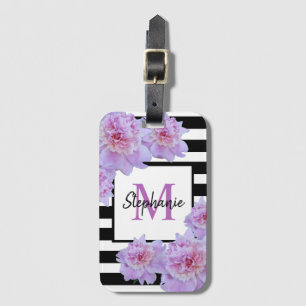 Etiqueta De Bagagem Monograma Pink Peony Flor Black Stripe Roxo Púrpur