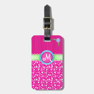 Etiqueta De Bagagem Monograma, Pontos e Flor, cor-de-rosa, cômoda e co