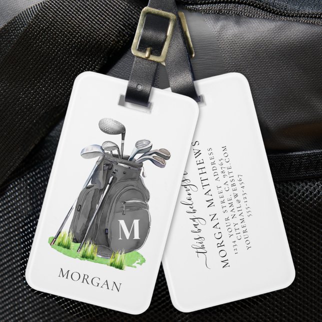 Etiqueta De Bagagem Monograma Preto Bolsa de Golfe (Monogram Black Golf Bag Luggage Tag)