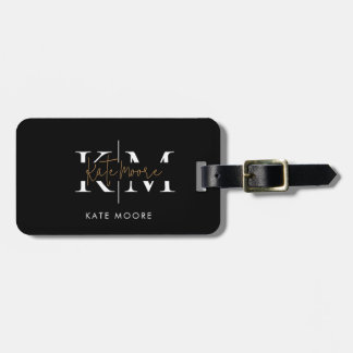 Etiqueta De Bagagem Monograma Preto Dourado Elegante para Escritório e