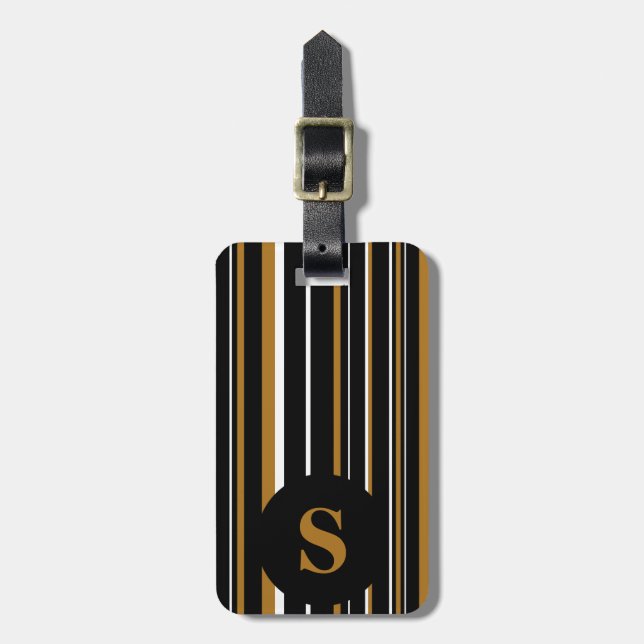 Etiqueta De Bagagem Monograma Preto Dourado Fosco Código de Barras Cír (Frente Vertical)