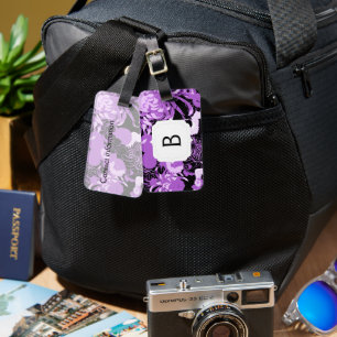Etiqueta De Bagagem Monograma preto e roxo do vintage das flores & dos