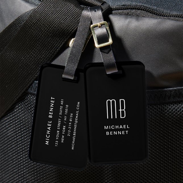 Etiqueta De Bagagem Monograma preto moderno (Modern Black Monogrammed Luggage Tag)