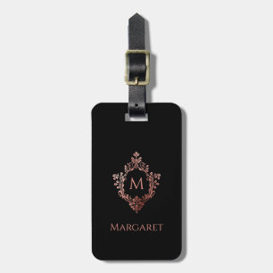 Etiqueta De Bagagem Monograma Preto Rosa Inicial & Brasão Elegante Orn